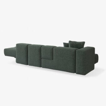 Exclusive Carpanese Home Cusco sofa with geometric volumes upholstered in textured muted dark green fabric and EPA certified plywood construction