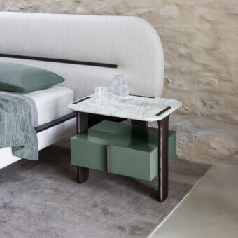 Distinguished Carpanese Home Trio N nightstand with muted green lacquered body and polished marble top built in solid ash wood