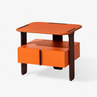 Exceptional Carpanese Home Trio N nightstand with vibrant orange lacquered surface and solid ash wood legs in satin finish