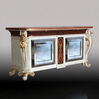 Distinguished Faber Mobili Allnatt sideboard crafted in Persian walnut burl with maple inlay and satin white finish