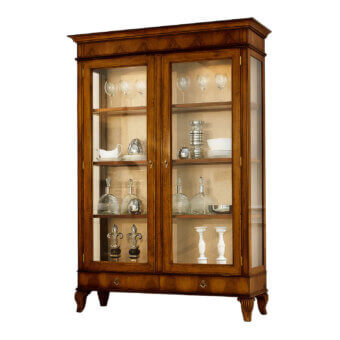 Distinguished Faber Mobili Bergerac showcase crafted in walnut with satin finish displays glassware with adjustable shelves and carved detailing