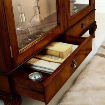 Timeless Faber Mobili Bergerac showcase crafted in walnut wood with satin finish reveals fabric-lined interiors and glass shelving