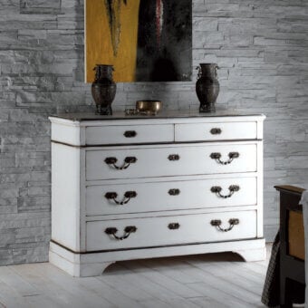 Distinguished Faber Mobili Clarisse dresser crafted from solid wood with distressed matte white finish and ornate dark metal handles