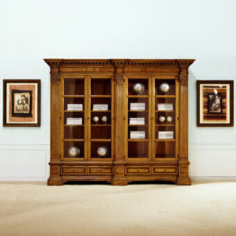 Exceptional Faber Mobili Firenzuola bookcase with oak burl details and satin finish, crafted in warm brown with glass doors