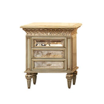 Distinguished Faber Mobili Il Reggente nightstand crafted in richly textured wood with antiqued mirrored drawer fronts and muted gold finish