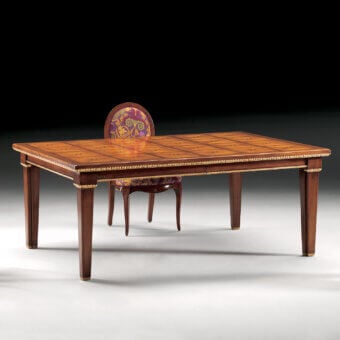 Elegant Faber Mobili Masaccio extendable table with walnut construction and luminous mother-of-pearl inlay finished in satin sheen