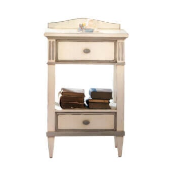 Distinguished Faber Mobili Michelle nightstand with dark-stained wood and soft patina white lacquer finish crafted with delicate detailing