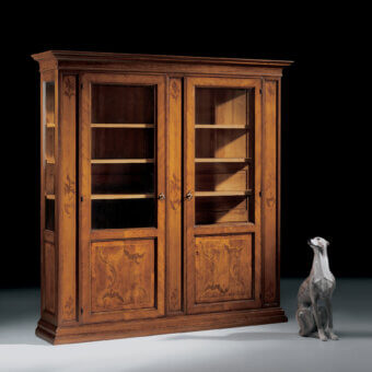 Exceptional Faber Mobili Morandi showcase crafted in walnut and cherry wood with inlaid floral motifs and antiqued brass finish