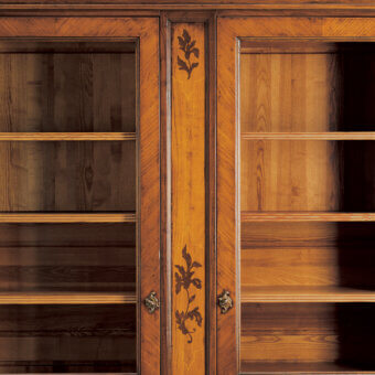 Superior Faber Mobili Morandi showcase crafted in walnut and cherry wood with floral inlays and satin finish