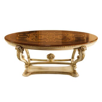 Distinguished Faber Mobili Pumpkin table with Persian walnut burl tabletop, creamy off-white carved base and glossy finish