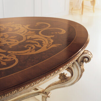 Exquisite Faber Mobili Pumpkin table with Persian walnut burl tabletop, gold-toned inlay and skillfully carved light-colored wooden legs