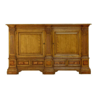 Timeless Faber Mobili Scarlino sideboard with masterful oak construction and intricately carved details in golden-brown finish