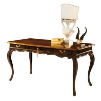 Elegant Faber Mobili Tiepolo desk crafted in walnut with a glossy finish and delicately carved ornate brass-colored hardware