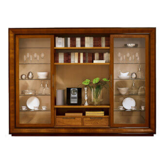 Refined Faber Mobili Topkapi bookcase in walnut with glossy lacquered finish and shaped crotch frame showcasing glass-fronted cabinets