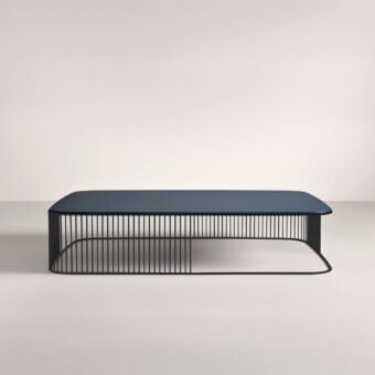 Superior Frag Comb coffee table in dark teal with a matte black metal open grid frame crafted in Italy
