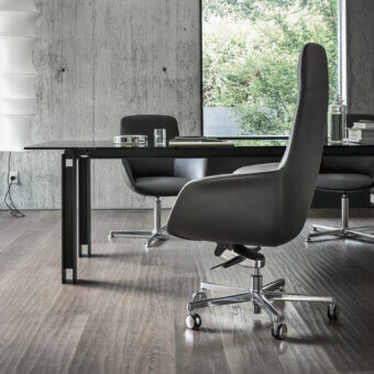 Superior Mea Office armchair with dark gray leather upholstery and polished metal elements built in Italy