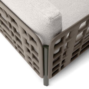 Distinguished Giorgetti Aldìa sofa with a pewter finished metal frame and natural reconstituted birch plywood, upholstered in waterproof gray fabric