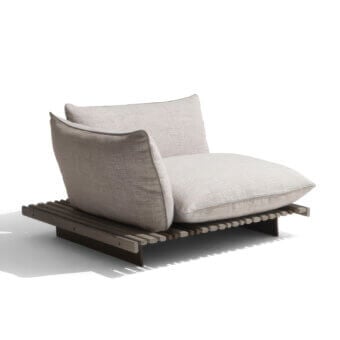 Harmonious Giorgetti Apsara lounge chair with carob powder-coated aluminum, Afrormosia wooden slats and waterproof outdoor technical fabric upholstery