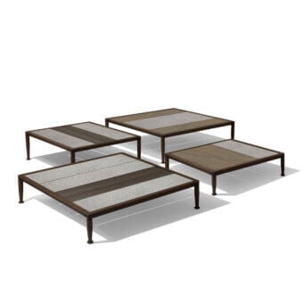Refined Giorgetti Gea coffee table with carob powder-coated aluminum and Stone Oak with inlaid textured Etna lava stone