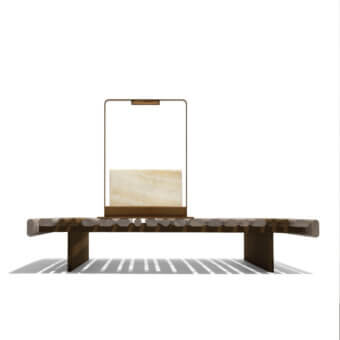 Distinguished Giorgetti Gea table lamp with carob painted steel, onyx diffuser and bright white lampshade built on a dark wooden base