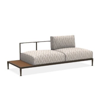 Exclusive Giorgetti Gea sofa with carob aluminum frame and geometric gray beige textile upholstery with satin wooden slat extension