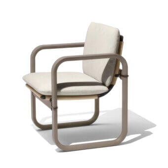Distinguished Giorgetti Loop armchair with sculpted lines, carob aluminum details and light textured waterproof fabric upholstery