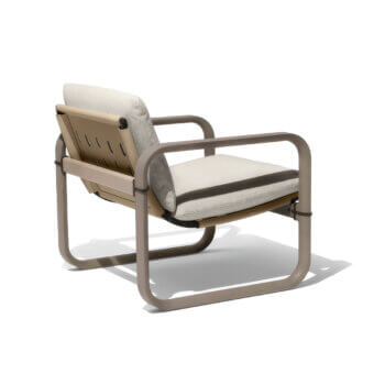Exclusive Giorgetti Loop lounge chair with carob aluminum accents, grey water-polished ash wood, and neutral beige textile upholstery