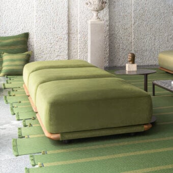 Exceptional Giorgetti Moorea ottoman with muted olive green velvet upholstery and painted Teak inserts crafted in pewter stainless steel