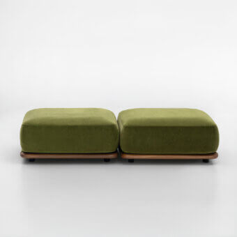 Distinguished Giorgetti Moorea ottoman with pewter stainless steel and painted Teak, upholstered in muted olive green weather-resistant fabric