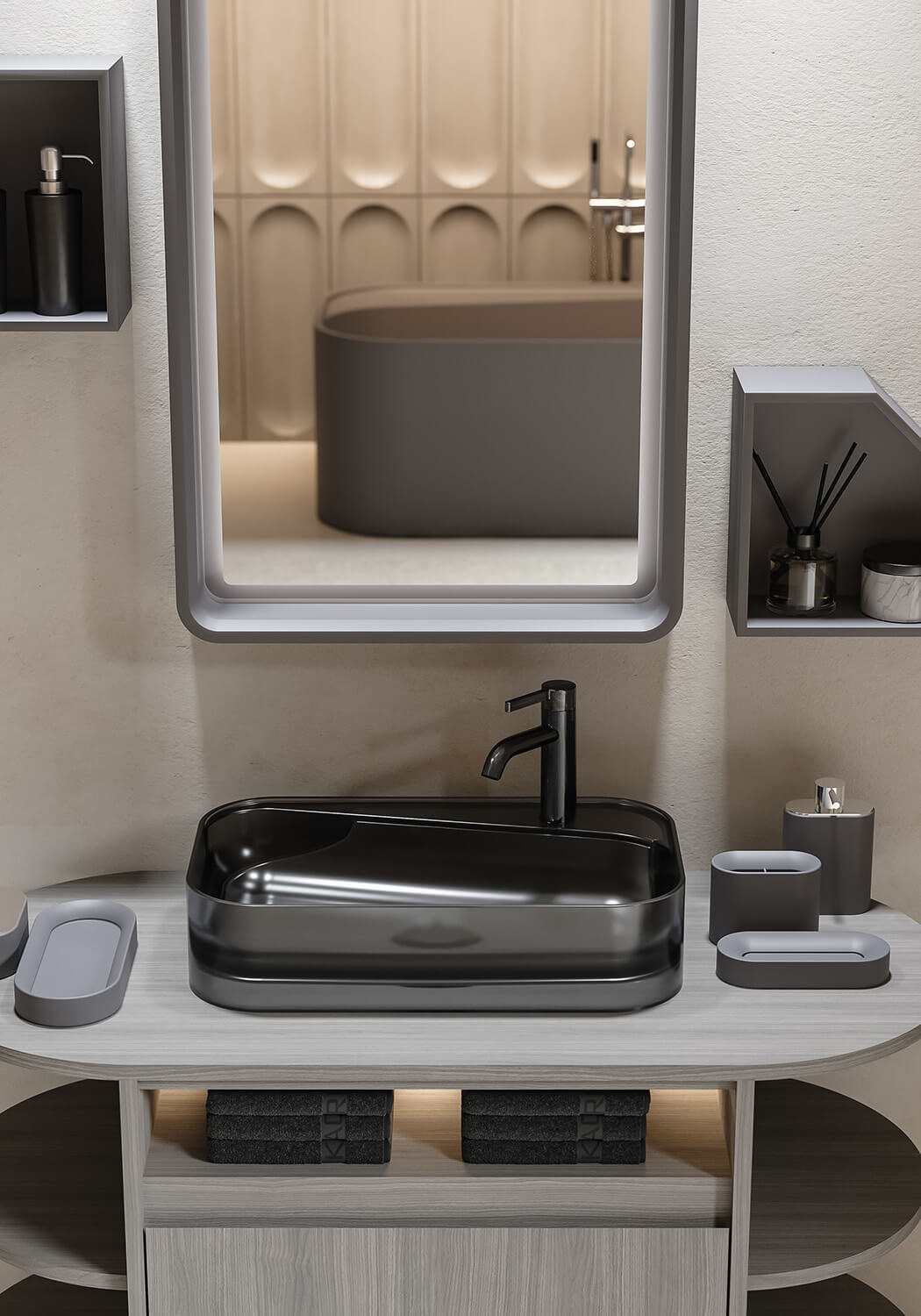 Distinguished Norah Design ANBA 02 washbasin crafted in Norahcrystal with a deep black finish and softened edges