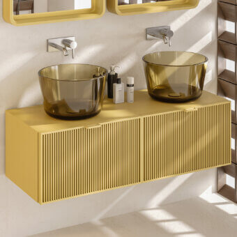 Distinguished Norah Design ARBA 01 washbasin crafted from Norahcrystal and resin with a satin yellow wood cabinet and ribbed detailing