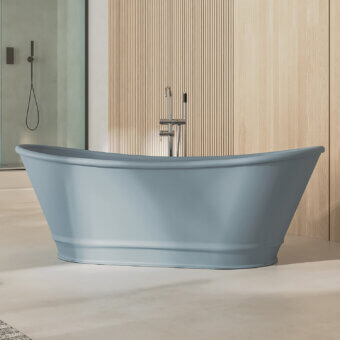 Distinguished Norah Design ARBT 02 bathtub sculpted with organic curves in muted dusty blue NorahCryl with a velvety matte finish