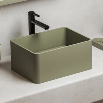 Exceptional Norah Design CUBA 03 washbasin crafted in muted olive green Norahcryl with a velvety matte finish