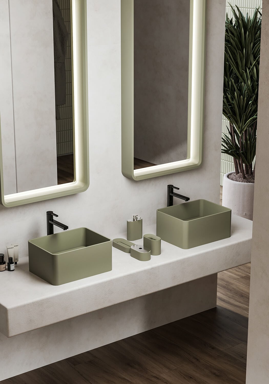 Superior Norah Design CUBA 03 washbasin crafted in muted olive green Norahcryl with a velvety matte finish