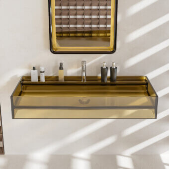 Architectural Norah Design CUBA washbasin crafted in luminous golden amber Norahcrystal with glossy finish