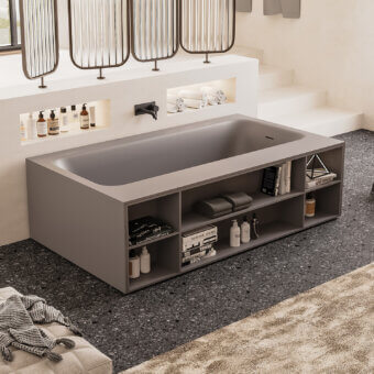 Superior Norah Design CUBT 02 bathtub crafted in light gray Norahcryl with integrated shelving and a velvety matt texture