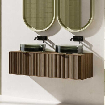 Elegant Norah Design ISBA 01 washbasin with reeded panels in medium-toned brown and luminous Norahcrystal basins with satin finish