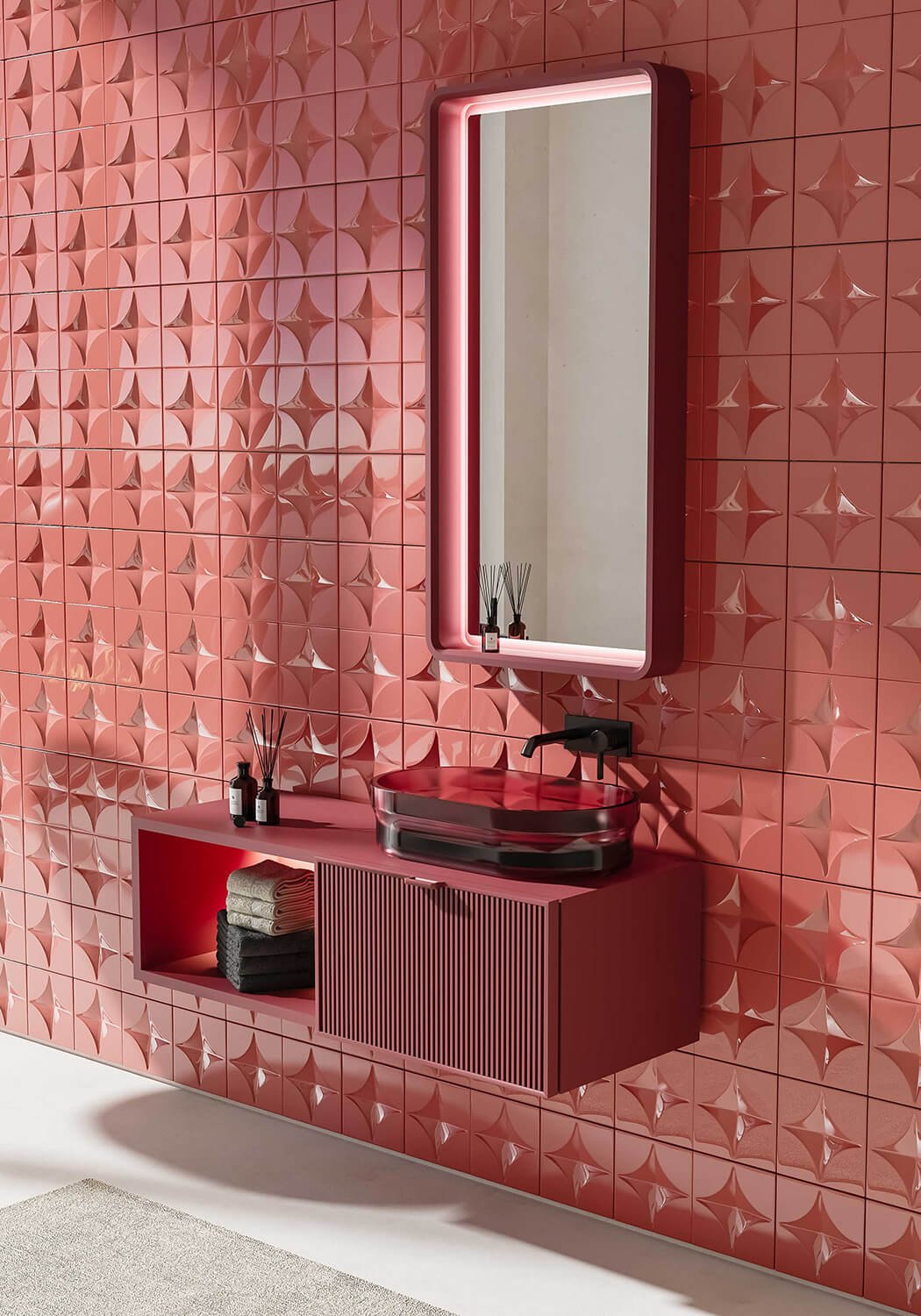 Sophisticated Norah Design ISBA 02 washbasin crafted in coral-red Norahcrystal with satin finish and integrated storage