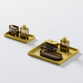Superior Norah Design Lisbona bathroom set crafted in Norahcrystal and Norahcryl with glossy translucent amber and matte mustard-yellow finishes