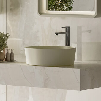 Exceptional Norah Design RNBA 02 washbasin crafted from Norahcryl with a muted beige tone and hand-painted bespoke finish