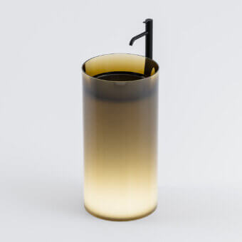 Captivating Norah Design RNCN 01 washbasin crafted from translucent Norahcrystal material with amber to clear yellow gradient and dark metal collar with glossy finish