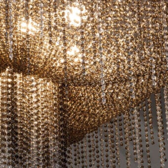 Exceptional Patrizia Garganti Burlesque EX ceiling lamp crafted with cascading pearl strands in golden-beige hues
