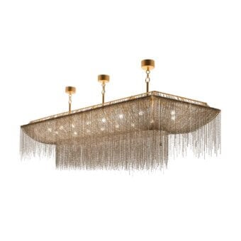 Elegant Patrizia Garganti Burlesque EX rectangular ceiling lamp crafted in metal with a textured satin gold finish and cascading pearl-like strands