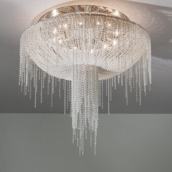 Distinguished Patrizia Garganti Burlesque ceiling lamp with cascading clear crystal strands and polished nickel frame
