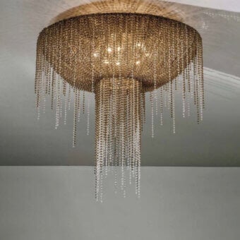 Lavish Patrizia Garganti Burlesque ceiling lamp with cascading clear beads and warm golden metallic core crafted in Italy