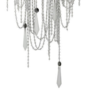 Distinguished Patrizia Garganti Burlesque crystal pendant wall lamp with cascading clear glass beads and sculptural grey crystal pendants in satin silver-toned metal