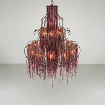 Superior Patrizia Garganti Burlesque Wave chandelier in saturated red beads with a dark-toned metal framework and textured matte finish