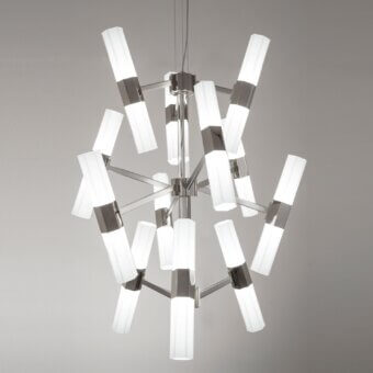Avant-garde Patrizia Garganti Chaos chandelier built with polished metal and frosted glass diffusers exhibiting a silver-toned aesthetic