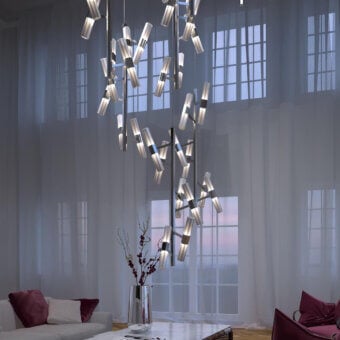 Exceptional Patrizia Garganti Chaos 03 chandelier built with glass shades and brushed metal in muted silver-gray tones