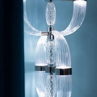 Exceptional Patrizia Garganti Coup De Foudre 03 suspension lamp in ribbed clear glass with bright silver metal supports and warm white LED lighting